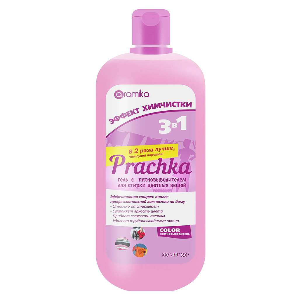 Гель для стирки белья "Prachka" 1,1л, 10х7х24см, для цветных тканей, удаляет трудновыводимые пятна, придает свежесть и нейтрализует неприятные запахи, COLOR (Казахстан)