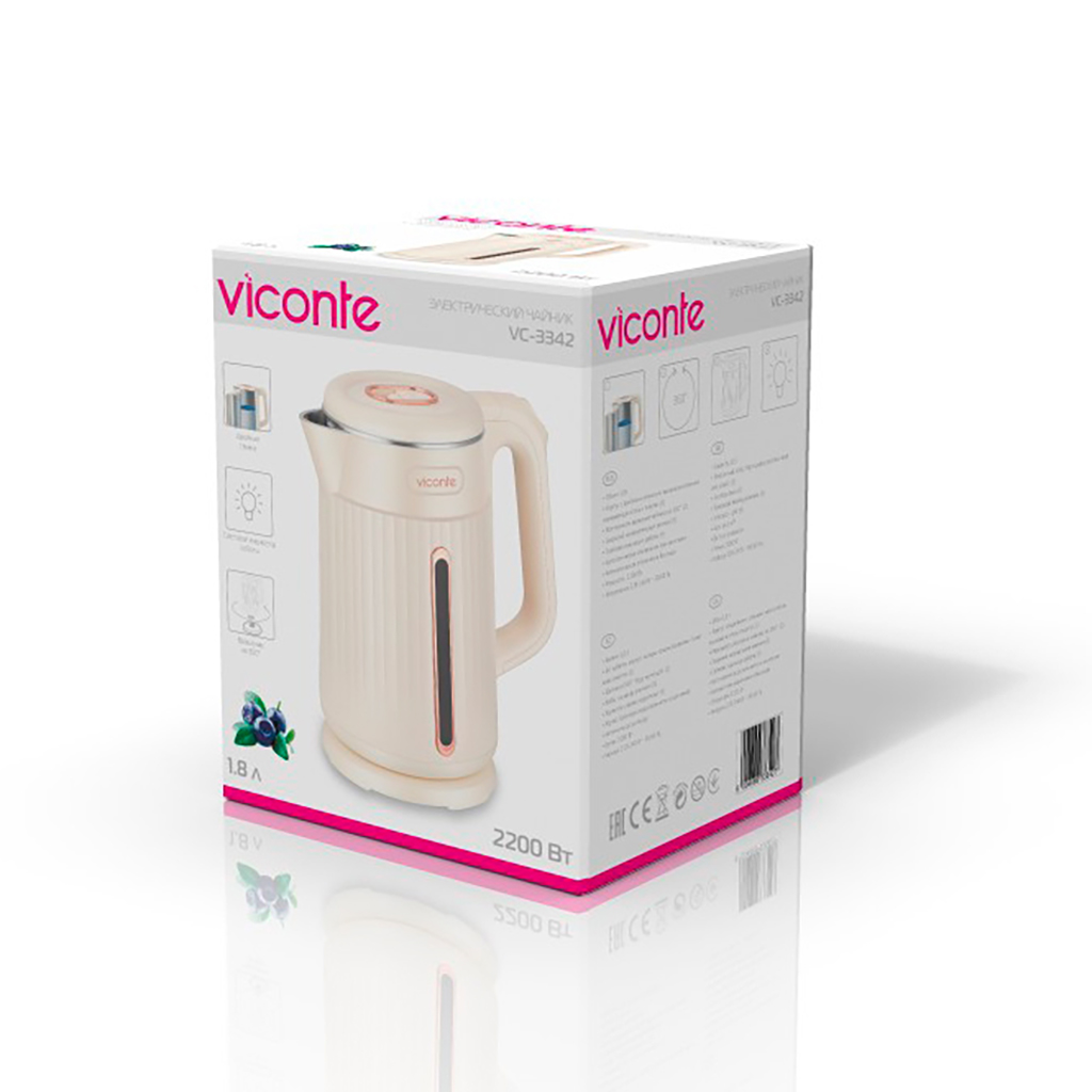 Чайник электрический "Viconte" 1,8л, 2200Вт, закрытый нагревательный элемент, корпус с двойными стенками из высококачественной нержавеющей стали и пластика, встроенный термометр, световой индикатор работы, автоматическое отключение при закипании, авт