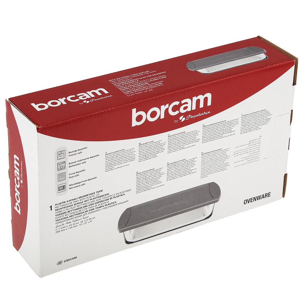 "Боркам (Borcam)" Форма стеклянная жаропрочная 1,32л, 26х15х6см, прямоугольная, серая пластмассовая крышкой, с ручками, цветная коробка, Pasabahce (Турция)