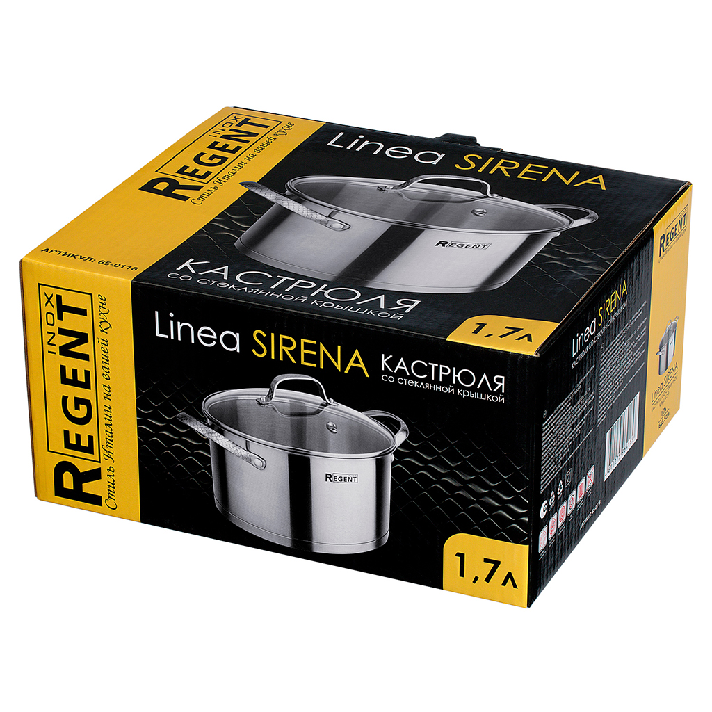 Кастрюля из нержавеющей стали "Sirena" 1,7л, д16см, h8,5см, s3,6мм, дно s0,6мм, индукционное дно д15,5см, стеклянная крышка, ручка из нержавеющей стали, многослойное капсулированное дно, мерная шкала, цветная коробка, "Regent (Китай)