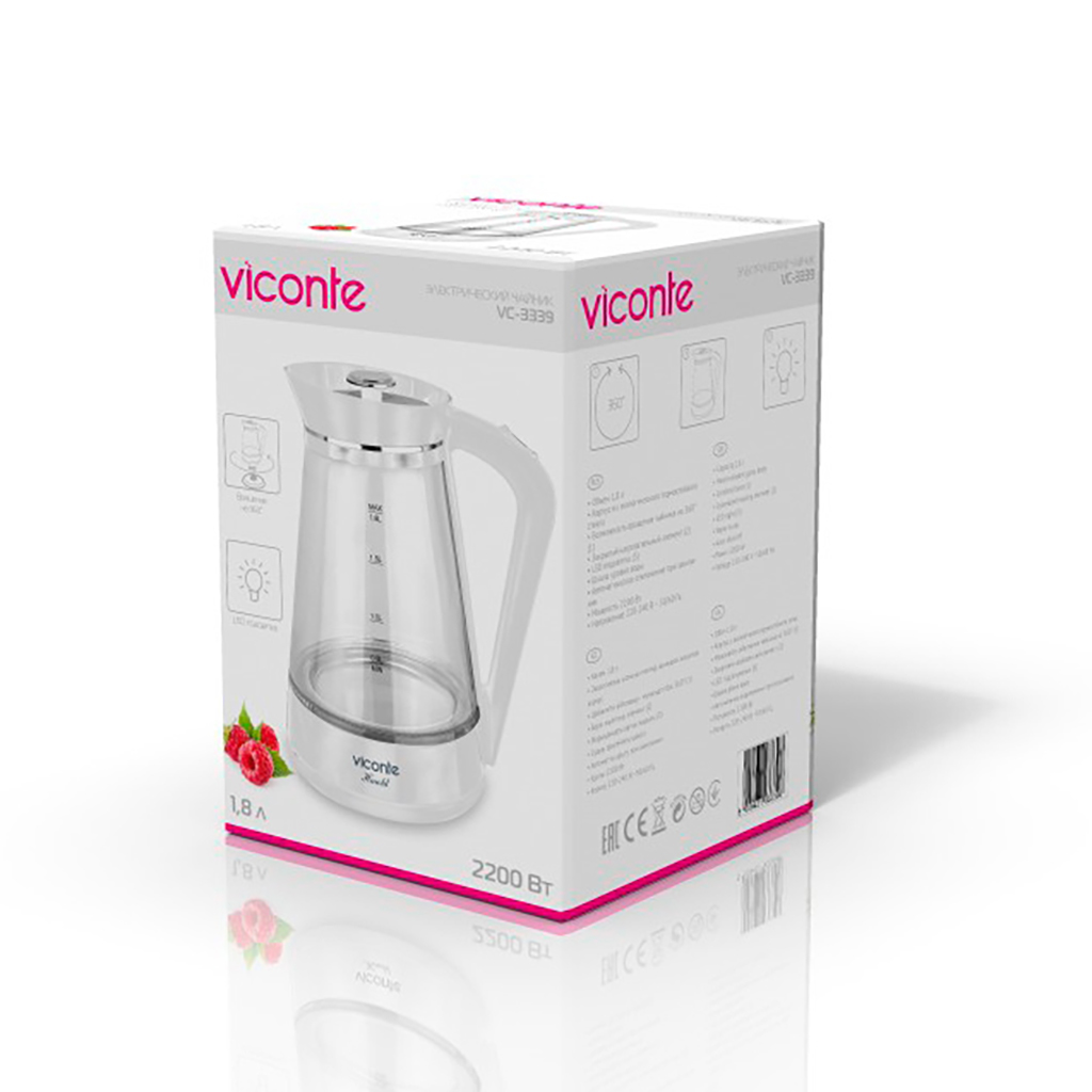 Чайник электрический "Viconte" 1,8л, 2200Вт, закрытый нагревательный элемент, корпус из высококачественного термостойкого стекла, LED подсветка, шкала уровня воды, автоматическое отключение при закипании, автоматическое отключение без воды (Китай)