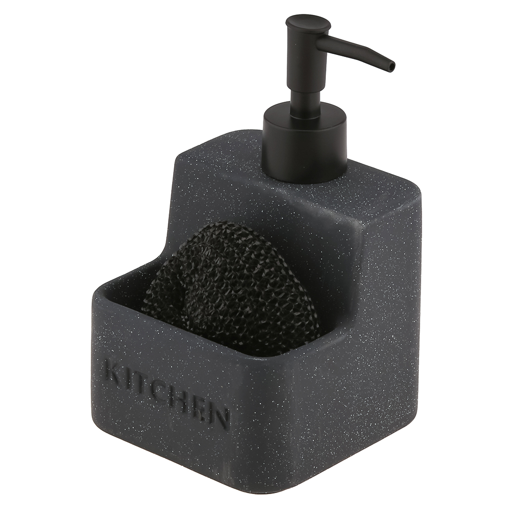 Дозатор для жидкого мыла из полимерного композита "Kitchen" 500мл, 10,5х10,5х17см, черный меланж, фурнитура пластик - черный; с углублением для губки, губка п/э в комплекте д9см; в коробке (Китай)