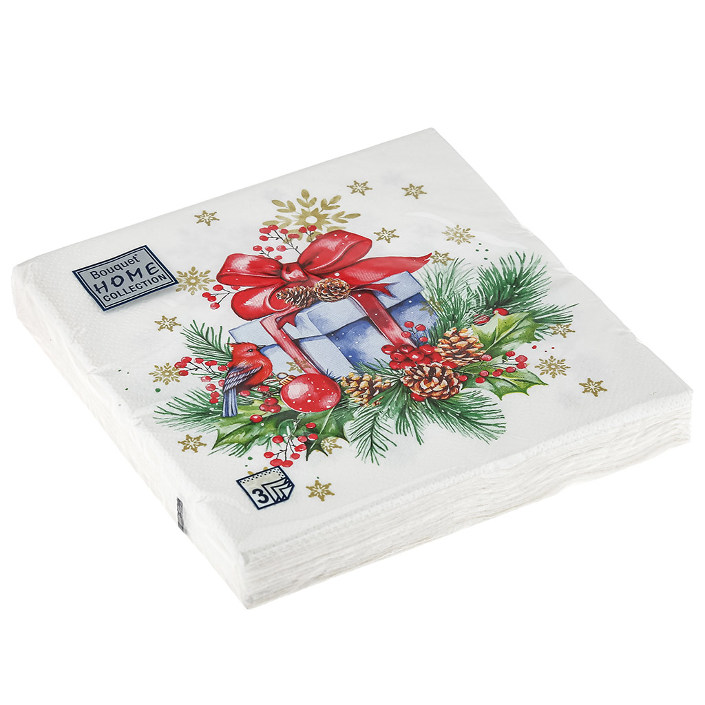Салфетки бумажные "Bouquet Home Collection Classic" 33х33см, 3-х слойные, 20 штук в упаковке, 100% целлюлоза, "Подарок на Новый год" (Россия)
