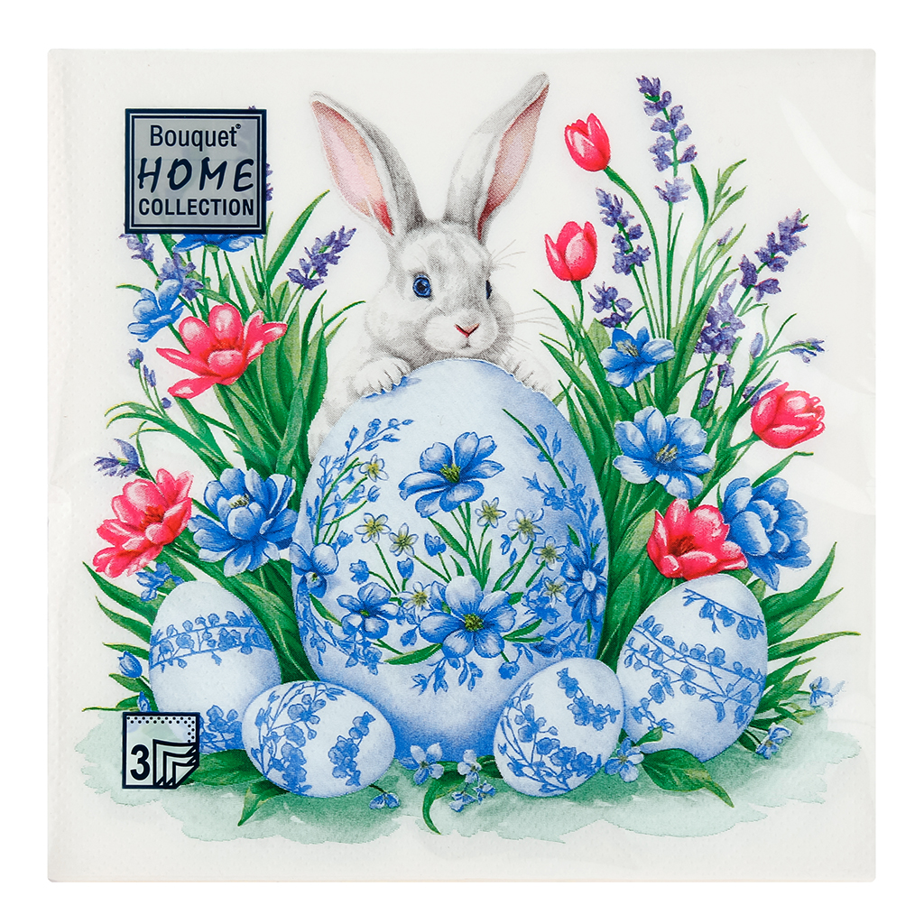 Салфетки бумажные "Bouquet Home Collection Classic" 33х33см, 3-х слойные, 20 штук в упаковке, 100% целлюлоза, "Кролик с пасхальным яйцом" (Россия)