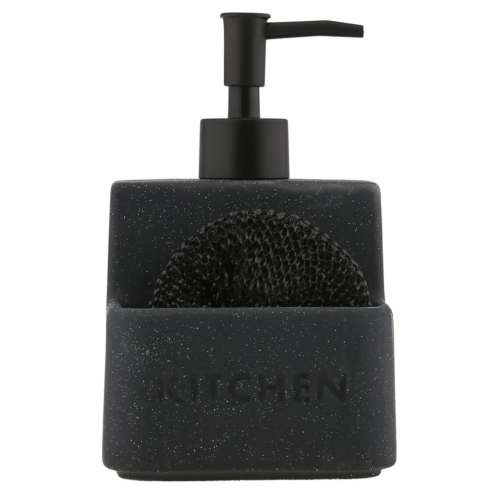 Дозатор для жидкого мыла из полимерного композита "Kitchen" 500мл, 10,5х10,5х17см, черный меланж, фурнитура пластик - черный; с углублением для губки, губка п/э в комплекте д9см; в коробке (Китай)