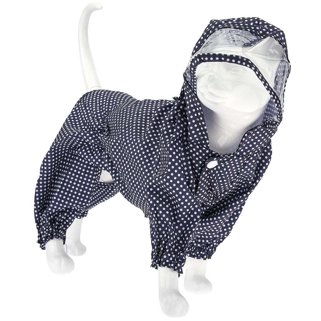 "Пэт тойс (Pet toys)" Одежда для собаки "Комбинезон" "Горошек" с капюшоном, прозрачный ПВХ козырек, на кнопках р-р S, длина спинки 22см/обхват груди 34см/обхват шеи 28см, цвет-темно-синий, плащевка (Китай)