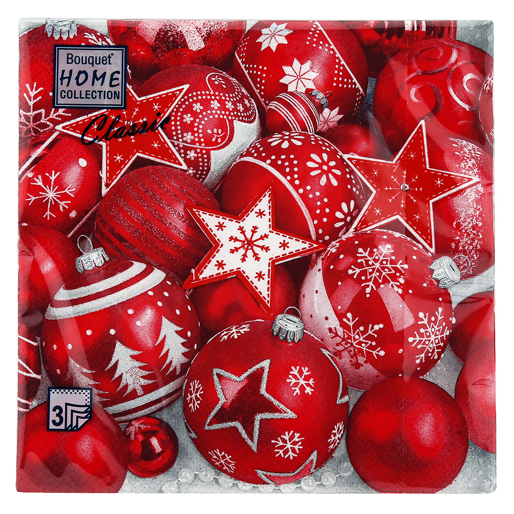 Салфетки бумажные "Bouquet Home Collection Classic" 33х33см, 3-х слойные, 20 штук в упаковке, 100% целлюлоза, "Новогодняя коллекция красная" (Россия)