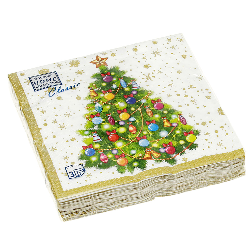 Салфетки бумажные "Bouquet Home Collection Classic" 33х33см, 3-х слойные, 20 штук в упаковке, 100% целлюлоза, "Новогодняя ель на белом" (Россия)