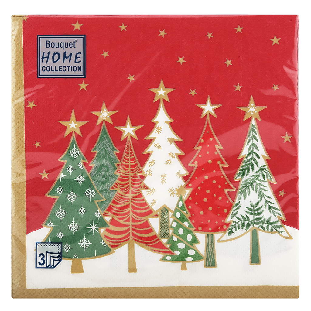 Салфетки бумажные "Bouquet Home Collection Classic" 33х33см, 3-х слойные, 20 штук в упаковке, 100% целлюлоза, "Елочки на красном" (Россия)