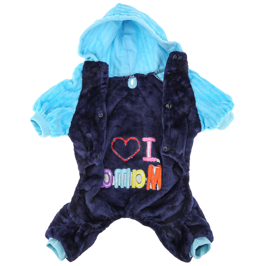 "Пэт тойс (Pet toys)" Одежда для собаки "Комбинезон" "I ♥ Mama/Papa" с капюшоном, с принтом, на кнопках, р-р L 38-42см, длина спинки 30см/обхват груди 42см/обхват шеи 32см, цвет-синий с голубым, плюш (100% полиэстер) (Китай)