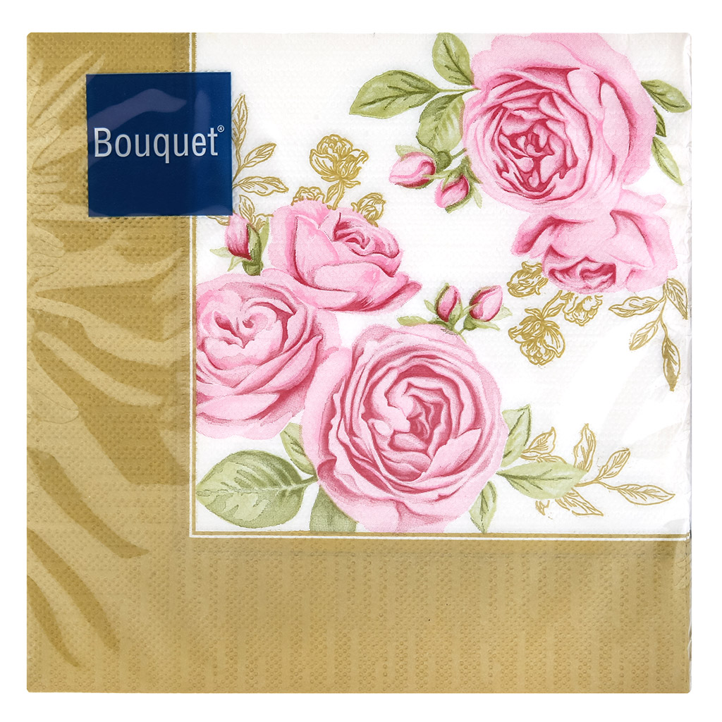Салфетки бумажные "Art Bouquet" 33х33см, 3-х слойные, 20 штук в упаковке, 100% целлюлоза, "Розы в золотой рамке" (Россия)