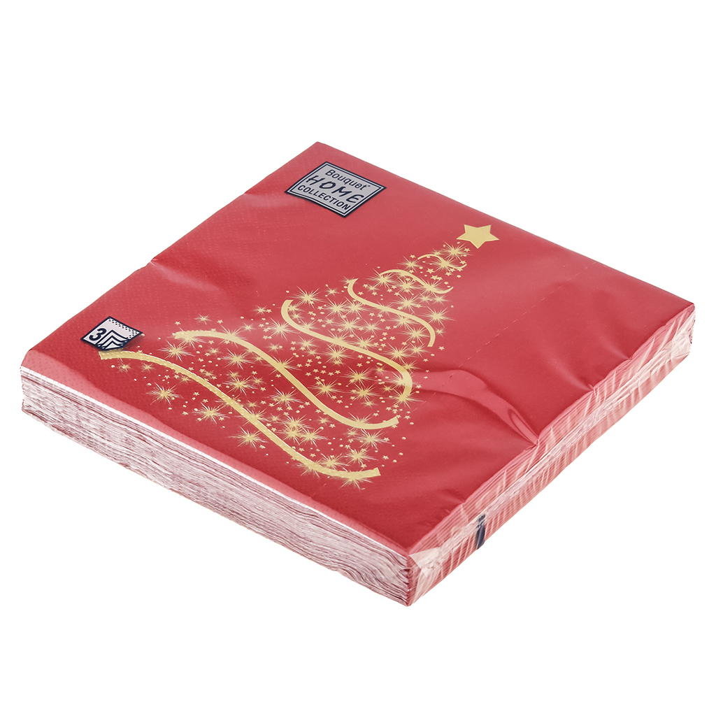 Салфетки бумажные "Bouquet Home Collection Classic" 33х33см, 3-х слойные, 20 штук в упаковке, 100% целлюлоза, "Волшебная ель на бордовом" (Россия)