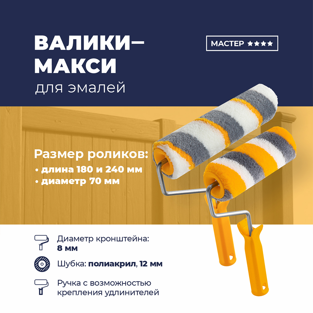 Валик "Мастер для работы с эмалями" 240мм, д8мм, полиакрил 12мм, плотность 900г/м2 (Россия)