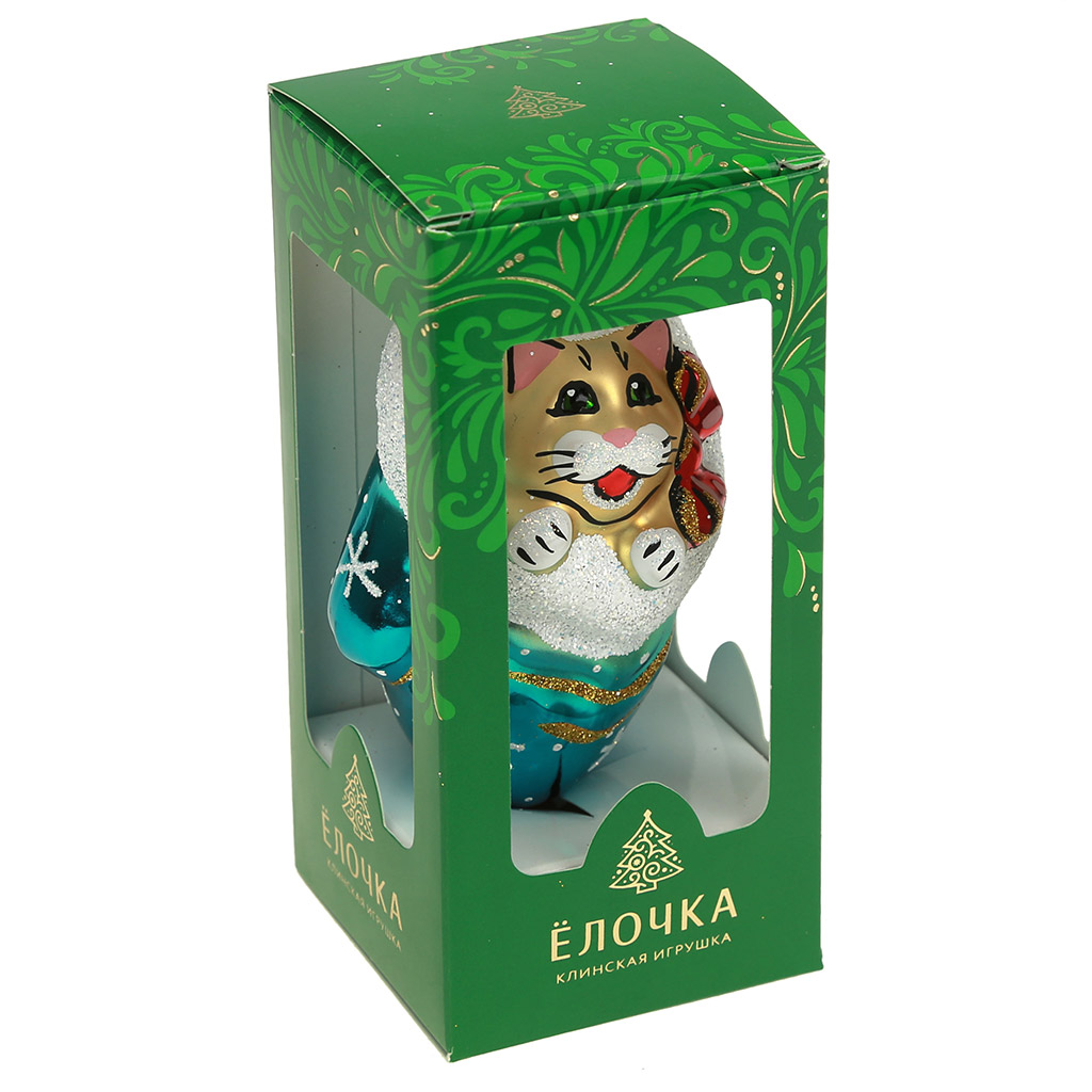 Елочная игрушка фигурка стеклянная "Рукавичка. Кот" 10см, ручная художественная роспись, подарочная упаковка, цвета микс (Россия)