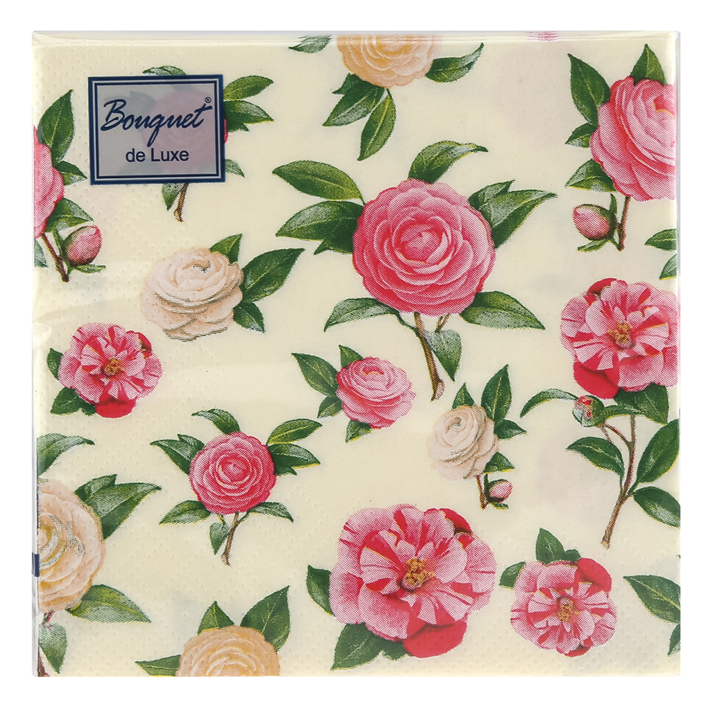 Салфетки бумажные "Bouquet de Luxe" 24х24см, 3-х слойные, 25 штук в упаковке, 100% целлюлоза, "Нежные розы" (Россия)