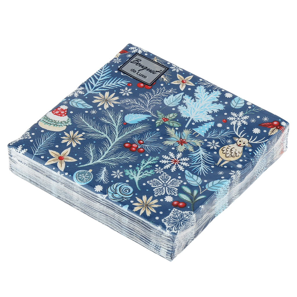 Салфетки бумажные "Bouquet de Luxe" 24х24см, 3-х слойные, 25 штук в упаковке, 100% целлюлоза, "Зимний орнамент" (Россия)