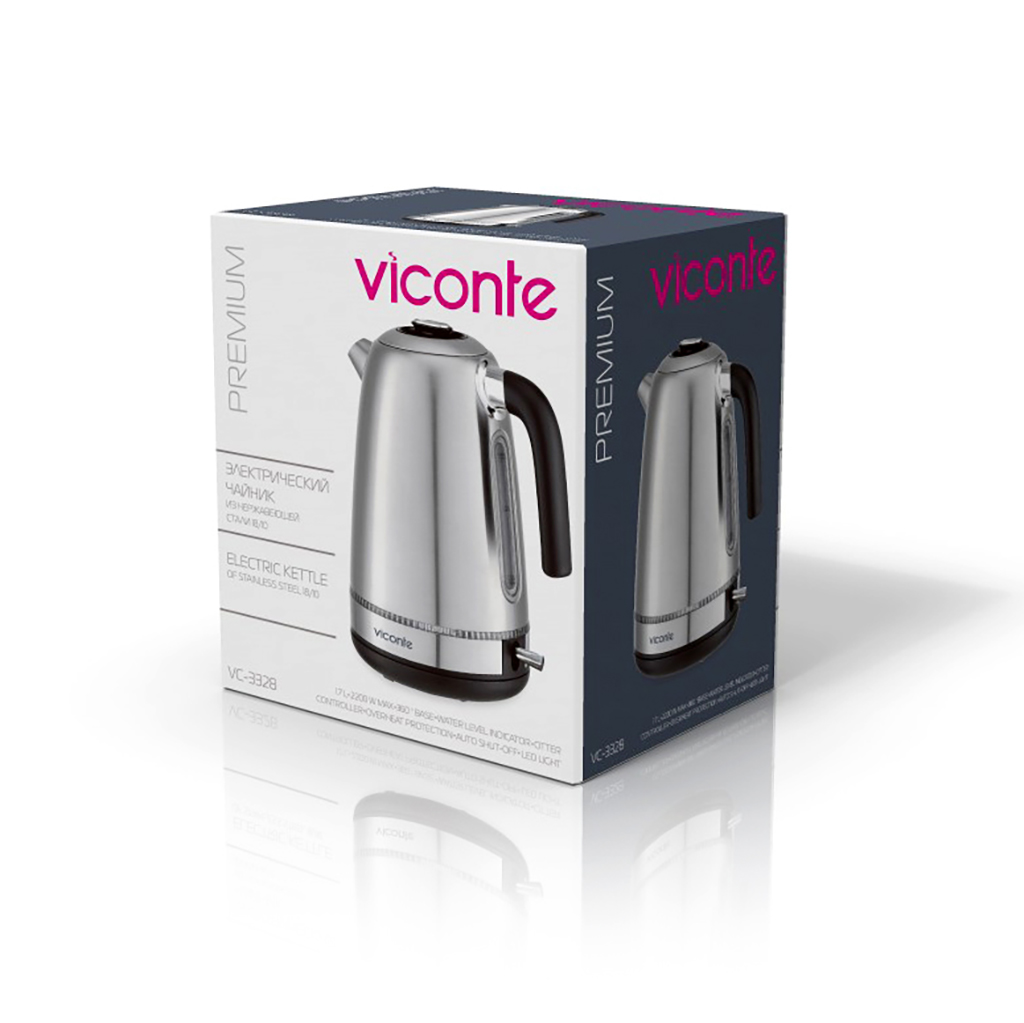 Чайник электрический "Viconte" 1,7л, 2200Вт, закрытый нагревательный элемент, корпус из высококачественной нержавеющей стали, внутренняя подсветка, шкала уровня воды, автоматическое отключение при закипании, автоматическое отключение без воды (Китай)