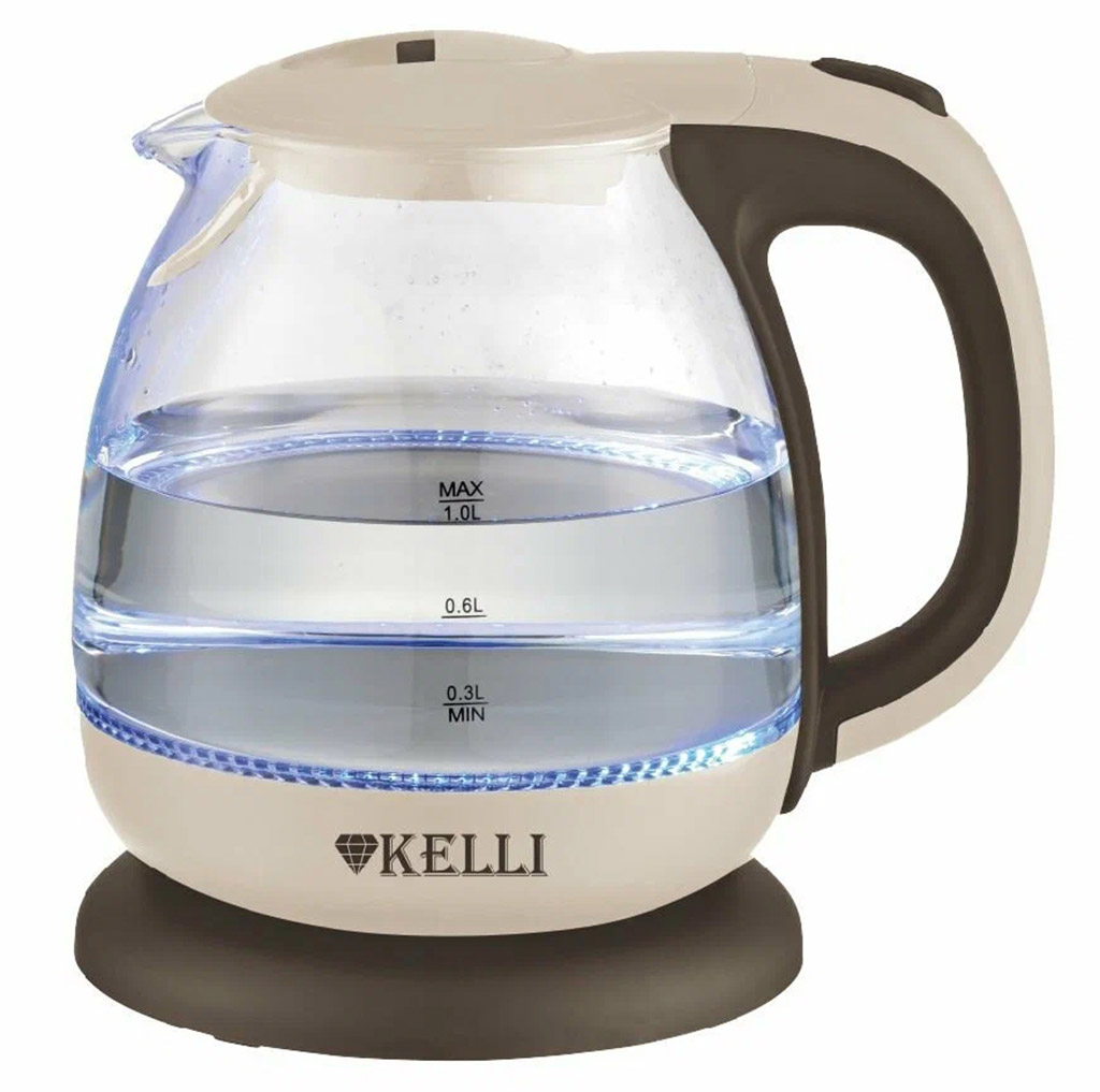 Чайник электрический "Kelli" 1л, стеклянный корпус, термостойкое стекло, внутренняя подсветка, автоматическое отключение, поворачивающийся корпус на 360°, закрытый нагревательный элемент, защита от перегрева, мощность: 220-240В, 50Гц, 900-1100Вт, 20,