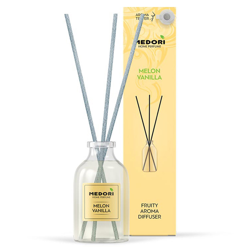 Ароматический диффузор 30мл "Melon Vanilla (Дыня Ваниль)" 3,5х3,5х15см, настольный, стекло, палочки из микрофибры, отдушка, с пробником аромата, в коробке, "Medori" (Россия)