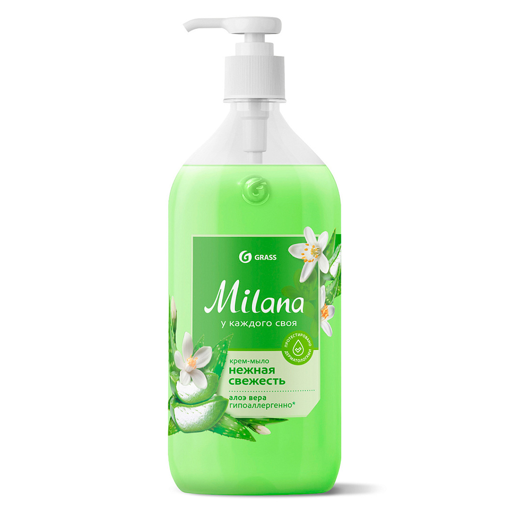 Мыло-крем жидкое "Milana" 1л, увлажняющее, с гипоаллергенным эффектом, дозатор, "Алоэ вера", "Grass" (Россия)