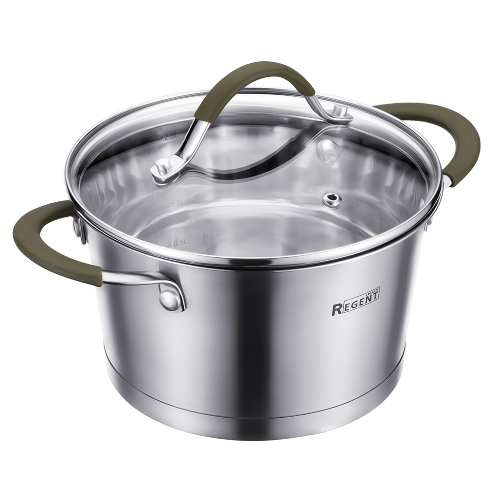 Кастрюля из нержавеющей стали "Oliva" 3,2л, д20см, h11,5см, s0,5мм, дно s3мм, индукционное дно д18см, стеклянная крышка, ручки из нержавеющей стали с силиконовым покрытием, конусообразная форма с матовой полировкой снаружи и зеркальной полировкой вну