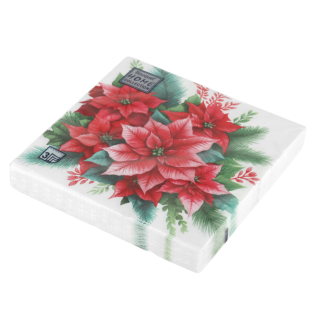 Салфетки бумажные "Bouquet Home Collection Classic" 33х33см, 3-х слойные, 20 штук в упаковке, 100% целлюлоза, "Пуансеттия" (Россия)