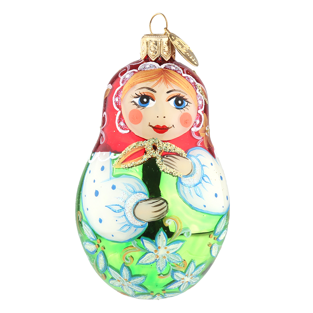 Елочная игрушка фигурка стеклянная "Расписная матрешка", h9,5см, ручная художественная роспись, подарочная упаковка (Россия)