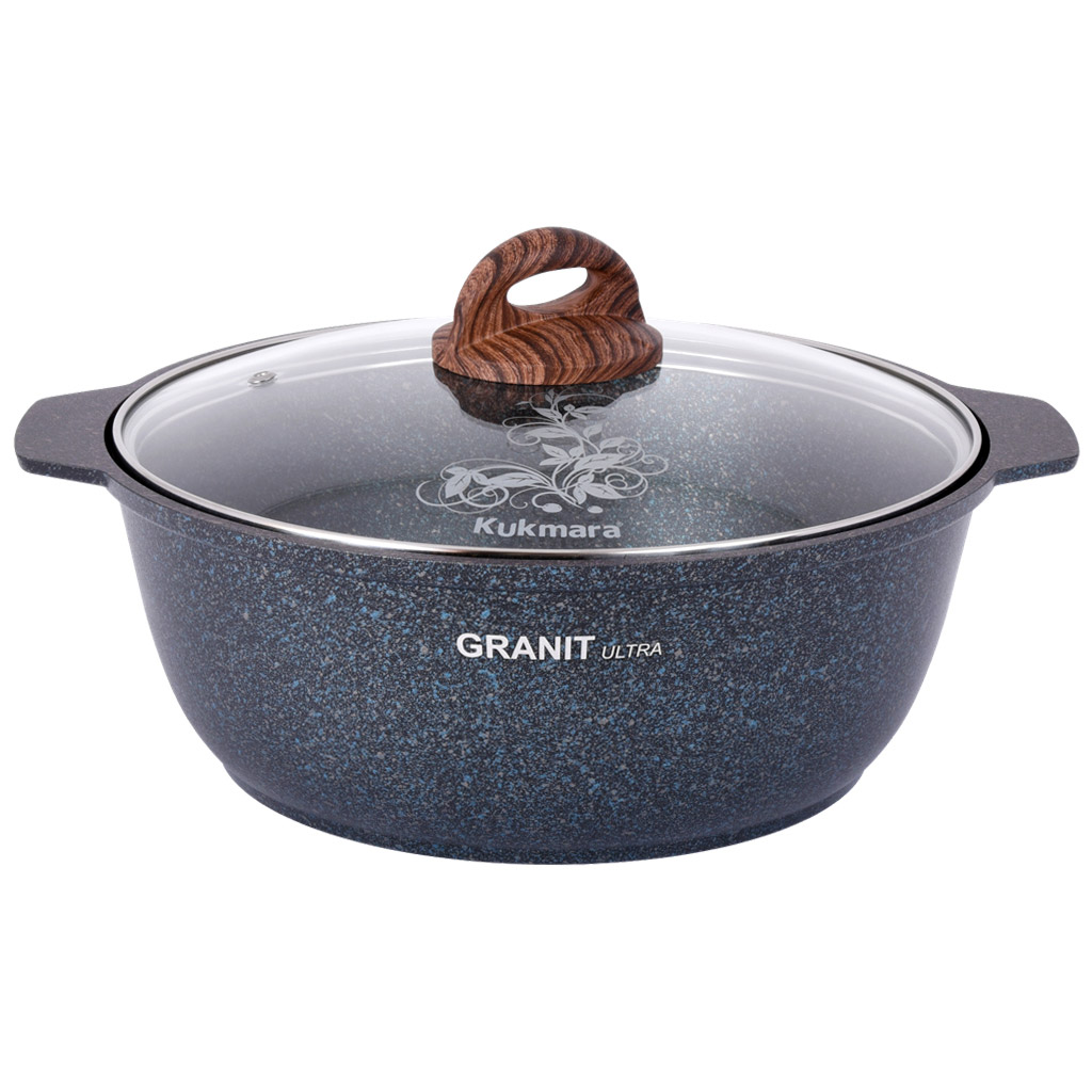Кастрюля с антипригарным покрытием 4л, д29см "Granit Ultra", h11см, стеклянная жаропрочная крышка, ручка из термостойкого пластика, голубой гранит, "Kukmara" (Россия) - можно использовать металлические кухонные принадлежности