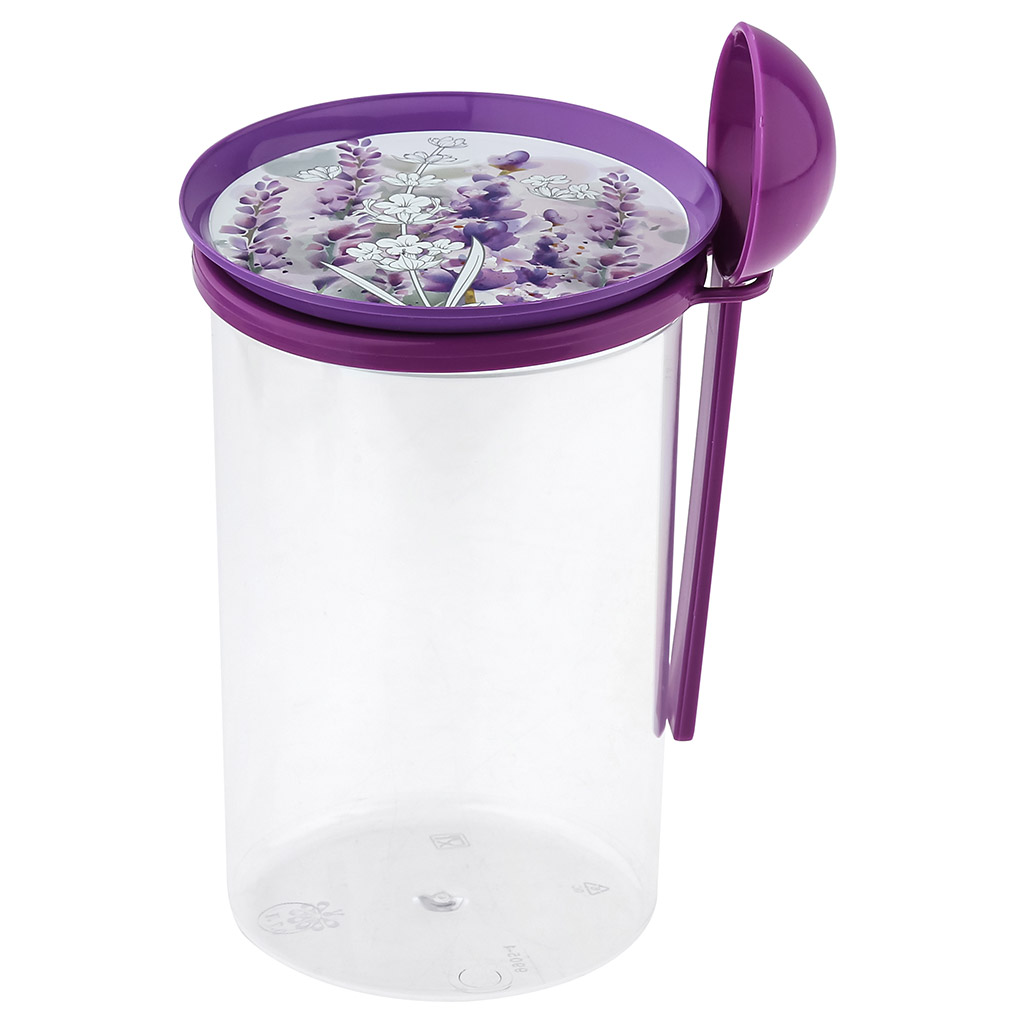 Банка (контейнер) для сыпучих продуктов пластмассовая "Lavender" 0,7л, д9,5см, h14,5см, с ложкой (Россия)