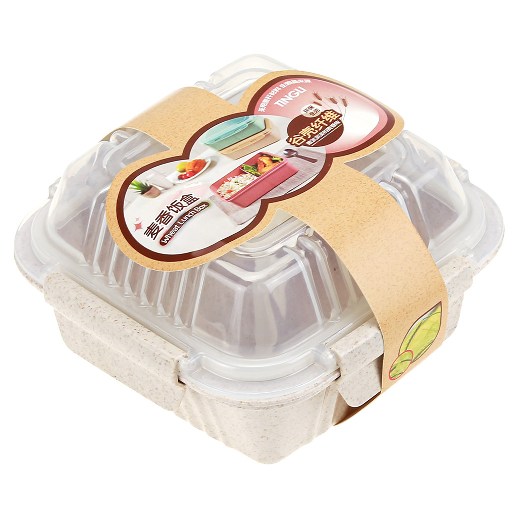 Ланч-бокс для продуктов пластмассовый "Эко дом" 0,55л, 14х14см h8,5см, с ложкой 13см, крышка прозрачная, с клипсами, с уплотнителем, цвета в ассортименте: бежевый, розовый, голубой (Китай) Пластик с добавлением пшеничных волокон.