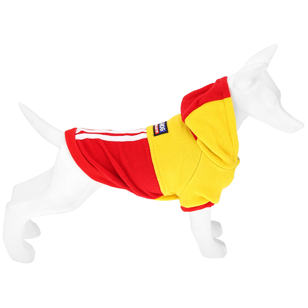 "Пэт тойс (Pet toys)" Одежда для собаки "Толстовка" "DOG" с капюшоном, с принтом, на кнопках р-р L, длина спинки 30см/обхват груди 40см/обхват шеи 32см, цвет-желто-красный, флис (Китай)