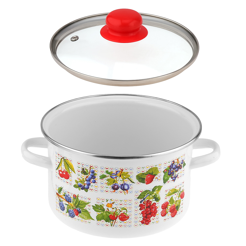 "Вкус лета" Кастрюля эмалированная 3л, д20см, h12,5см, цилиндрическая форма, металлическая крышка с пластмассовой ручкой-кнопкой, ободок из нержавеющей стали, белый (Россия)