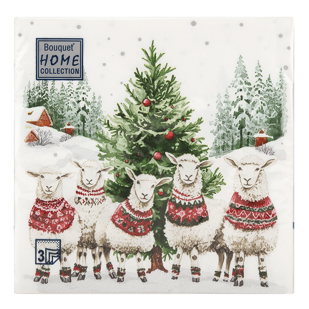 Салфетки бумажные "Bouquet Home Collection Classic" 33х33см, 3-х слойные, 20 штук в упаковке, 100% целлюлоза, "Овечки у елочки" (Россия)