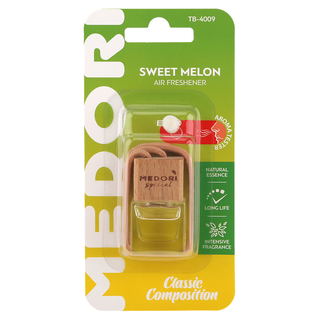 Ароматизатор автомобильный подвесной "Бутылочка" "Sweet Melon " 8х2,5х17,5см, на шнурке, с пробником аромата, в блистере, "Medori" (Россия)