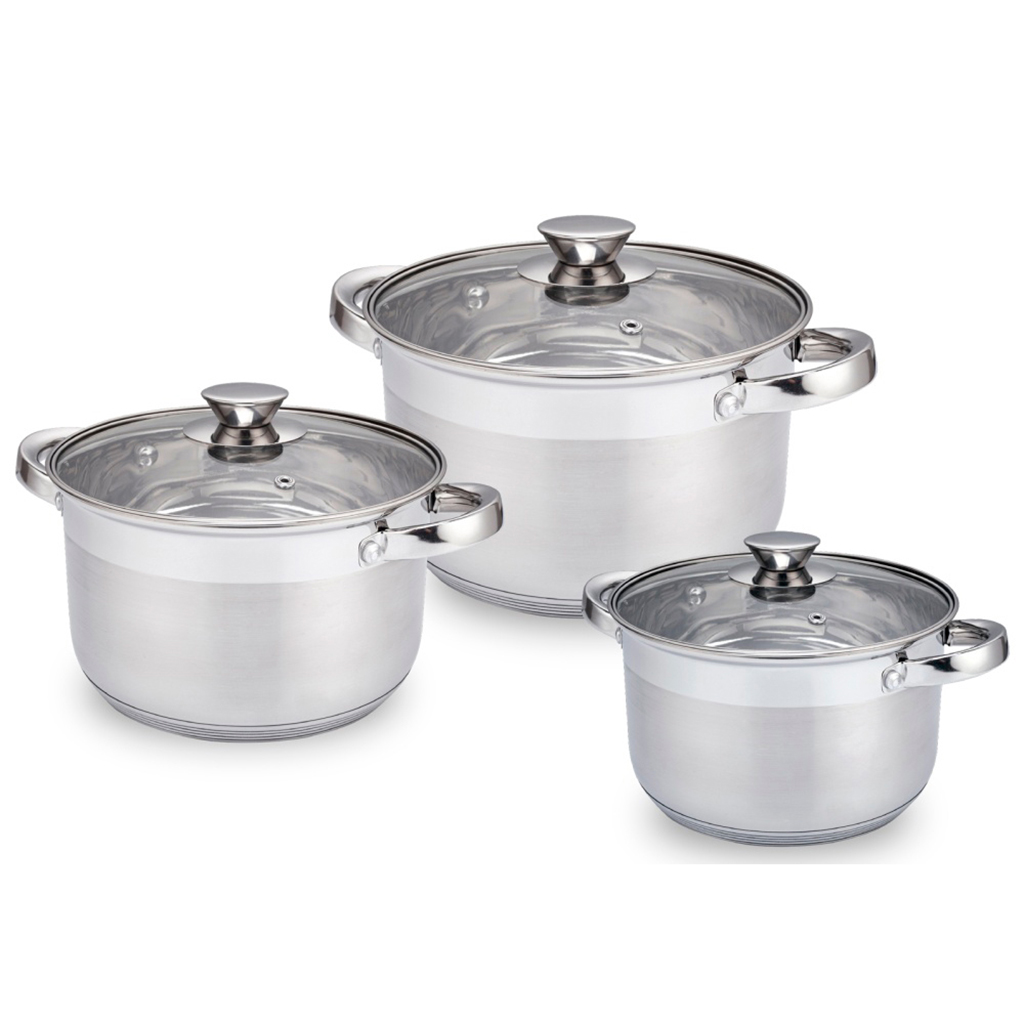 Набор кастрюль из нержавеющей стали "Silver" 3 штуки: 2л, 2,7л, 3,6л, s0,4см, дно s3см, стеклянная крышка, многослойное термоаккумулирующее дно, цветная коробка, "Appetite" (Китай)