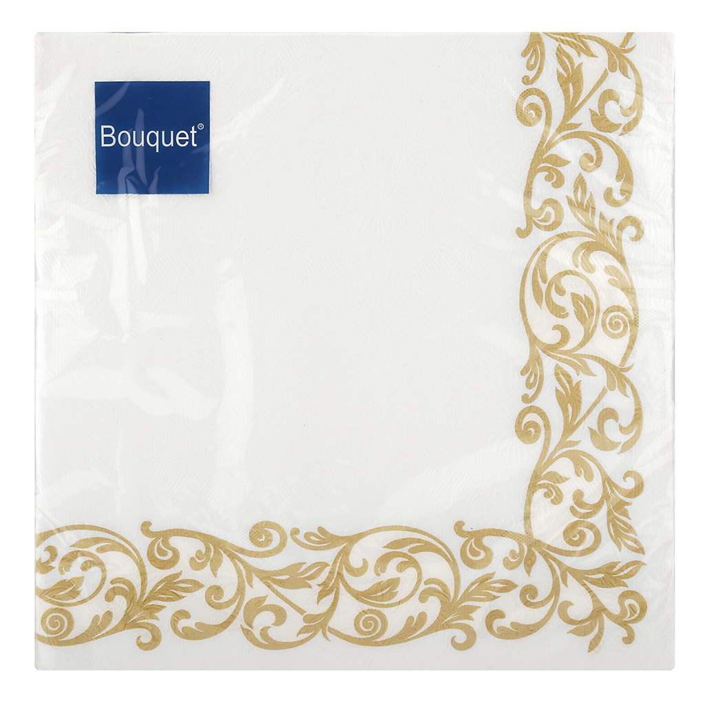 Салфетки бумажные "Bouquet Premium" 40х40см, 3-х слойные, 16 штук в упаковке, 100% целлюлоза, "Скатерть с золотым узором" (Россия)
