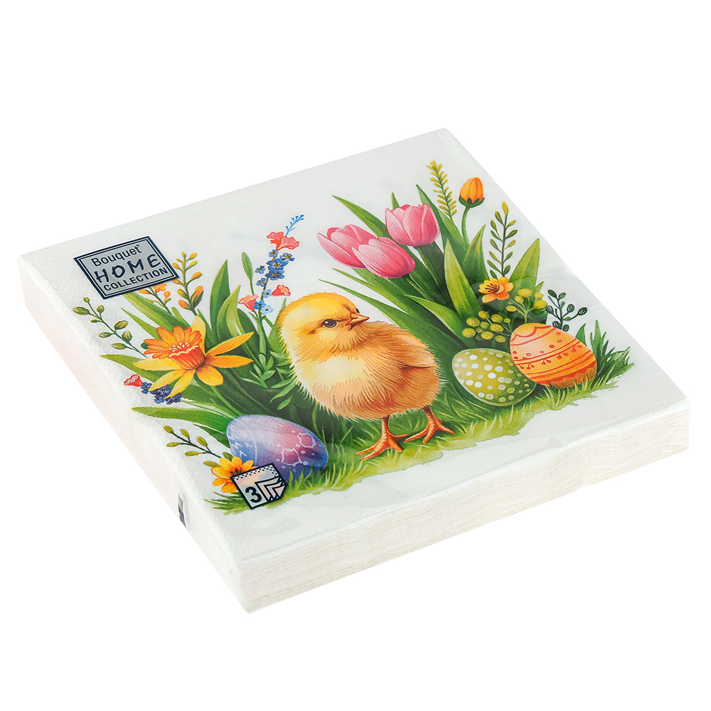 Салфетки бумажные "Bouquet Home Collection Classic" 33х33см, 3-х слойные, 20 штук в упаковке, 100% целлюлоза, "Веселый цыпленок" (Россия)