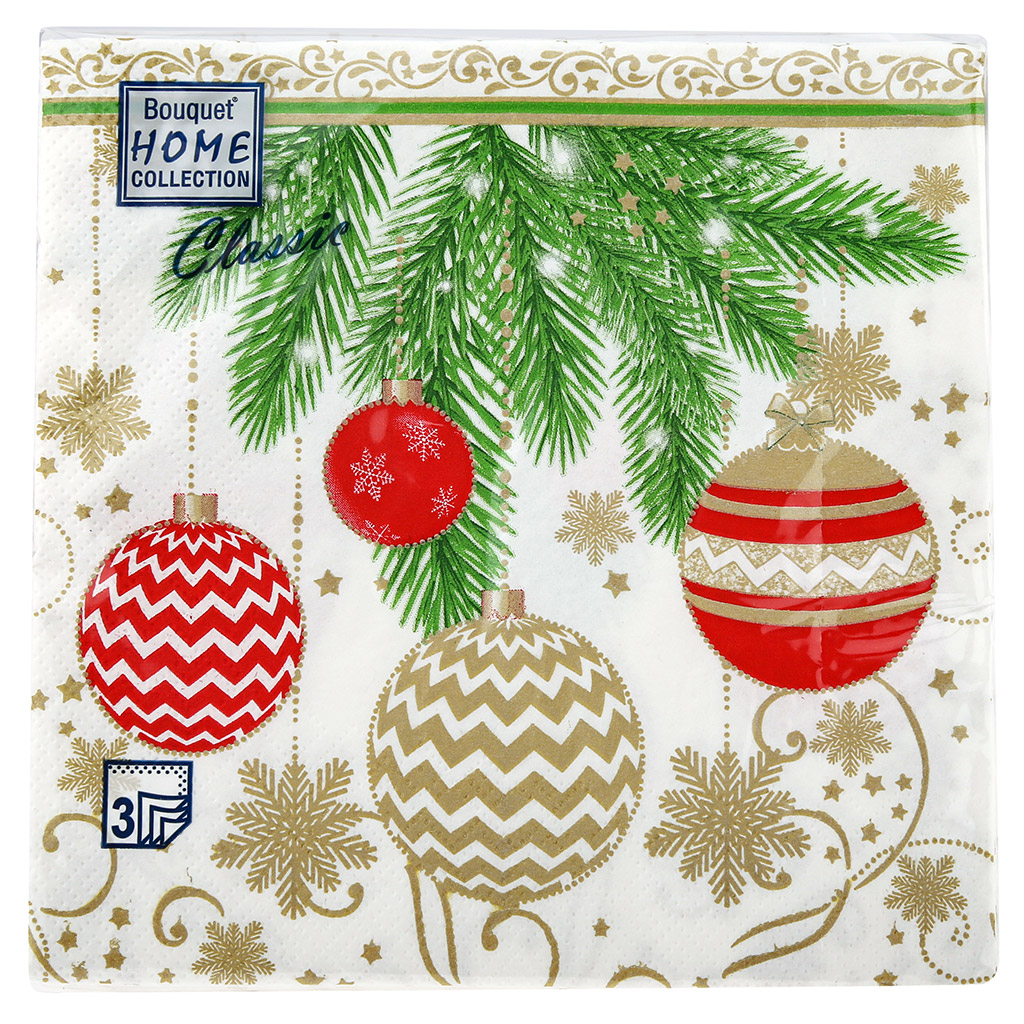 Салфетки бумажные "Bouquet Home Collection Classic" 33х33см, 3-х слойные, 20 штук в упаковке, 100% целлюлоза, "Елочные украшения-2" (Россия)