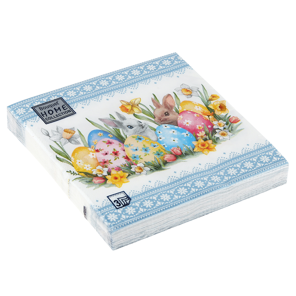 Салфетки бумажные "Bouquet Home Collection Classic" 33х33см, 3-х слойные, 20 штук в упаковке, 100% целлюлоза, "Кролики и пасхальные яйца" (Россия)