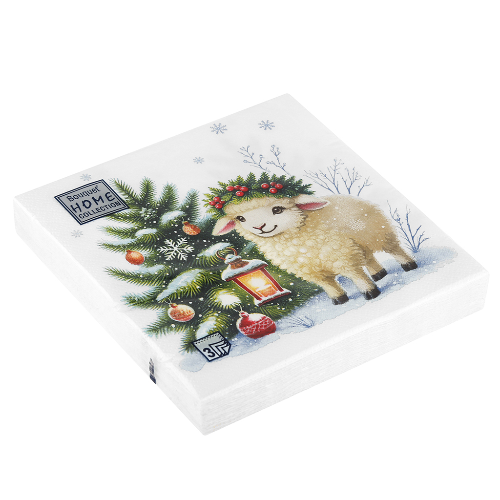 Салфетки бумажные "Bouquet Home Collection Classic" 33х33см, 3-х слойные, 20 штук в упаковке, 100% целлюлоза, "Овечка в новогоднем венке" (Россия)