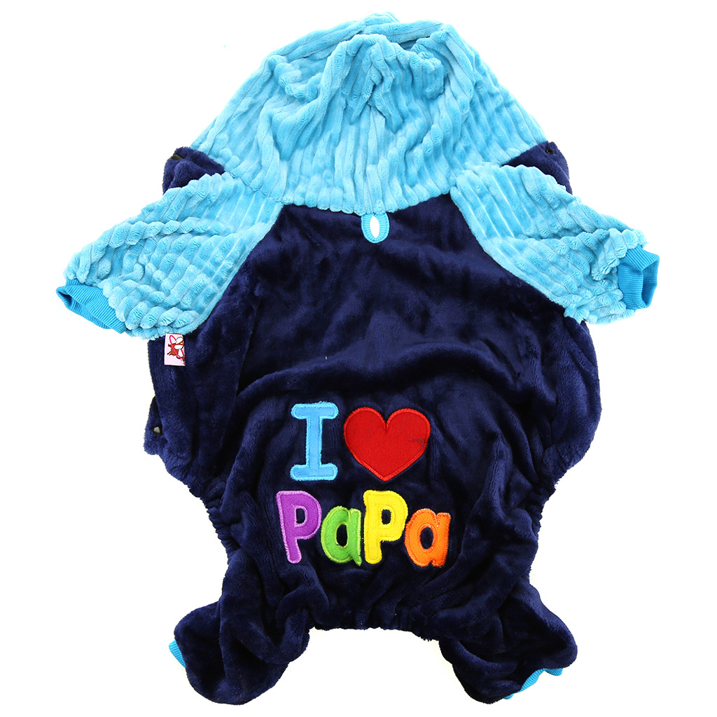 "Пэт тойс (Pet toys)" Одежда для собаки "Комбинезон" "I ♥ Mama/Papa" с капюшоном, с принтом, на кнопках, р-р M 33-37см, длина спинки 24см/обхват груди 38см/обхват шеи 30см, цвет-синий с голубым, плюш (100% полиэстер) (Китай)