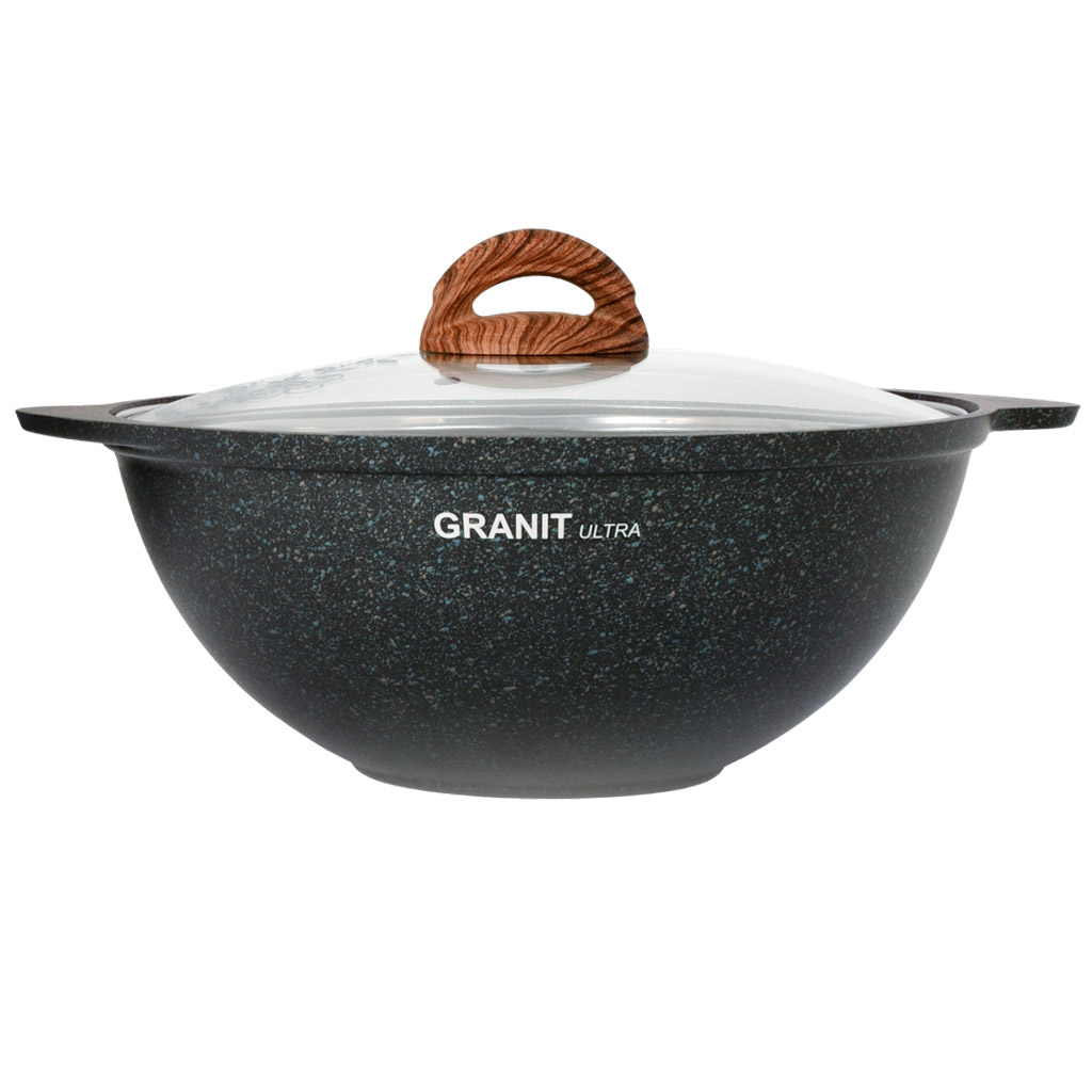Казан для плова с антипригарным покрытием 3,5л, д29,5см "Granit Ultra", h12см, литой, стеклянная жаропрочная крышка, голубой гранит, "Kukmara" (Россия) - можно использовать металлические кухонные принадлежности