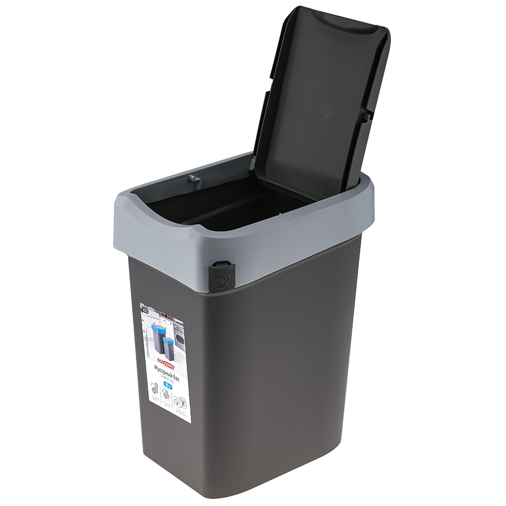 Ведро для мусора с плавающей крышкой пластмассовое "SMART BIN" 10л, с креплением для мусорных пакетов, серый Econova(Россия)