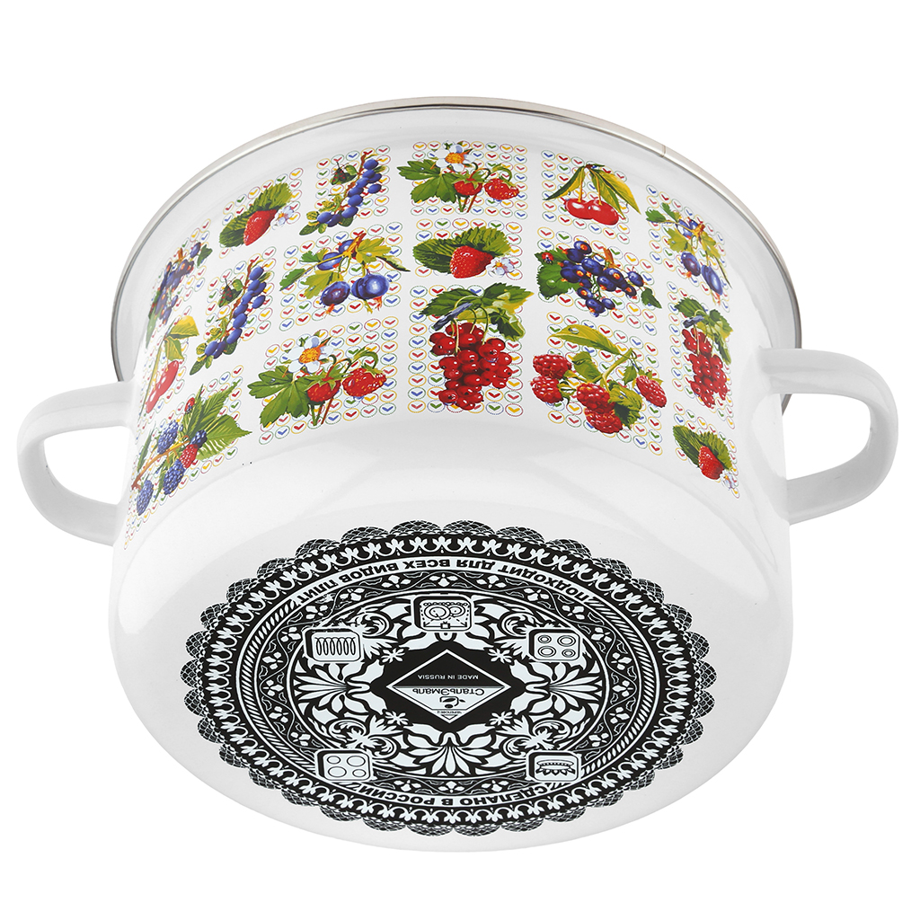"Вкус лета" Кастрюля эмалированная 5,5л, д24см, h15см, цилиндрическая форма, металлическая крышка с пластмассовой ручкой-кнопкой, ободок из нержавеющей стали, белый (Россия)