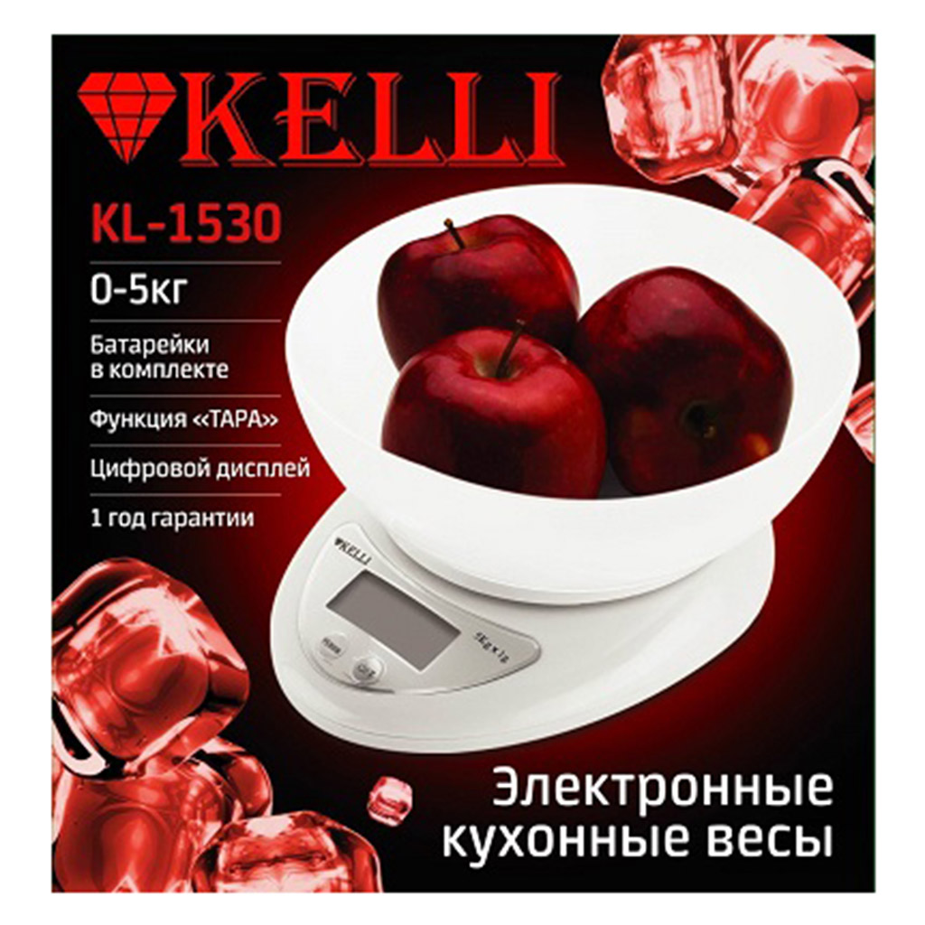 Весы кухонные электронные "Kelli" 18,5х18,5х6см, пластмассовый корпус, с чашей, максимальный вес: 5кг, цена деления: 1г, большой цифровой дисплей, функция "Тара", автоматическое отключение, индикатор перегрузки, батарейки в комплекте, белый (Китай)
