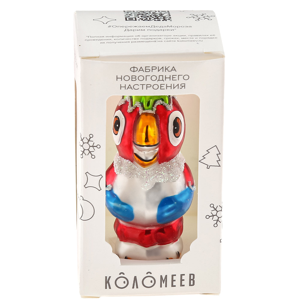 Елочная игрушка фигурка стеклянная "Попугай Кеша" h9см, ручная художественная роспись, подарочная упаковка (Россия)