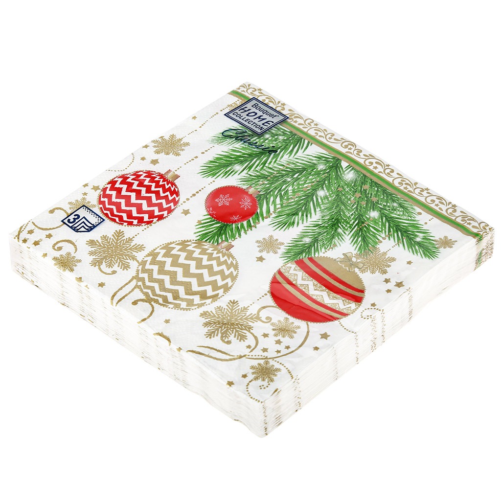 Салфетки бумажные "Bouquet Home Collection Classic" 33х33см, 3-х слойные, 20 штук в упаковке, 100% целлюлоза, "Елочные украшения-2" (Россия)