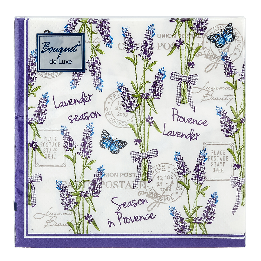 Салфетки бумажные "Bouquet de Luxe" 24х24см, 3-х слойные, 25 штук в упаковке, 100% целлюлоза, "Лаванда и бабочки" (Россия)