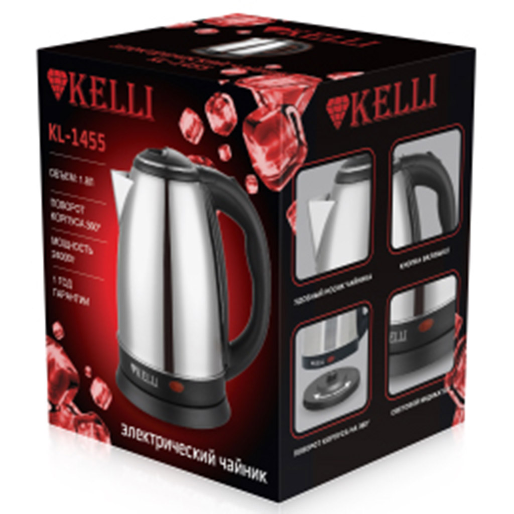 Чайник электрический "Kelli" 1,8л, корпус из нержавеющей стали, автоматическое отключение, поворачивающийся корпус на 360°, закрытый нагревательный элемент, защита от перегрева, световой индикатор включения, максимальная мощность 2400 Вт, 20х16,5х33с
