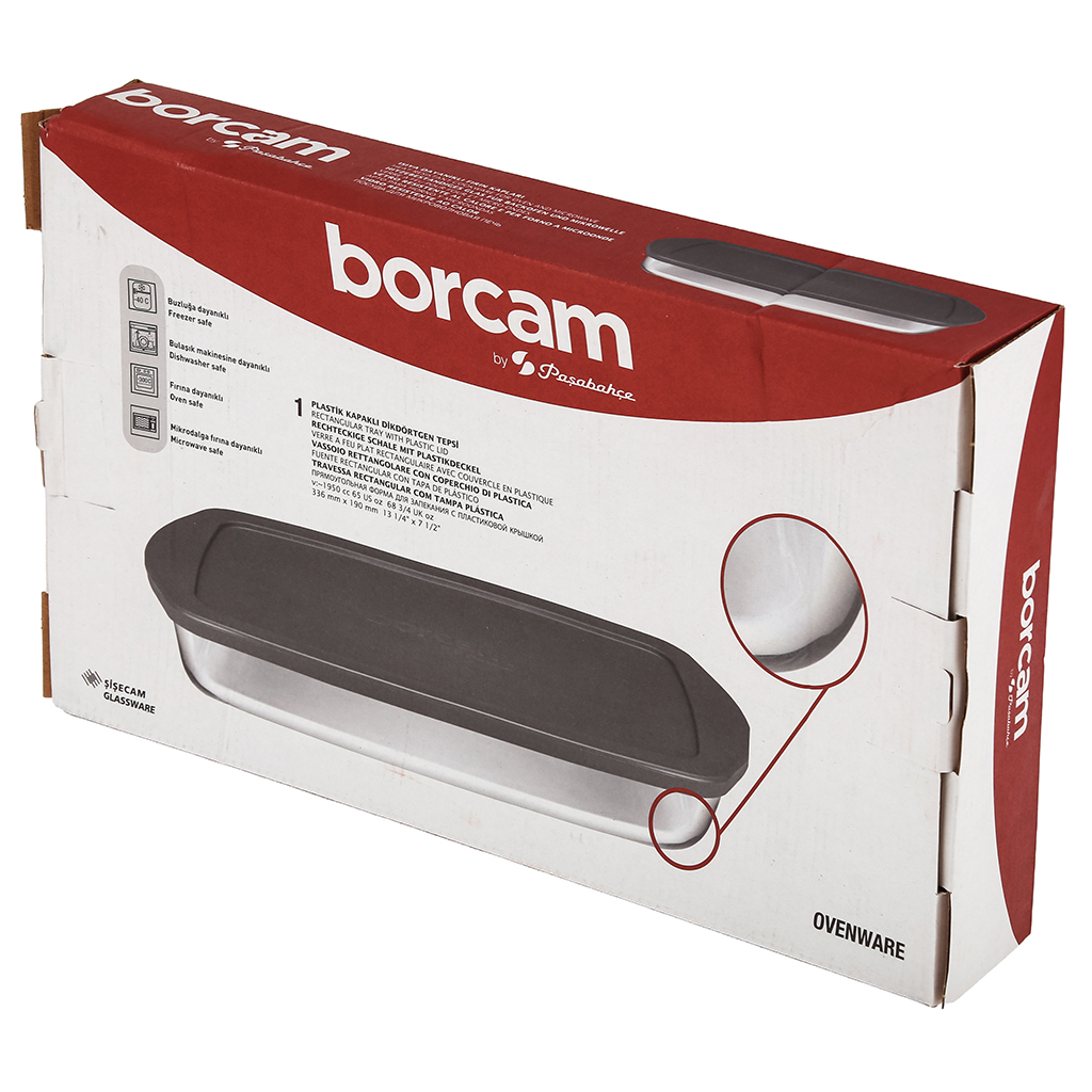 "Боркам (Borcam)" Форма стеклянная жаропрочная 1,95л, 33,6х19х5см, прямоугольная, серая пластмассовая крышкой, с ручками, цветная коробка, Pasabahce (Турция)